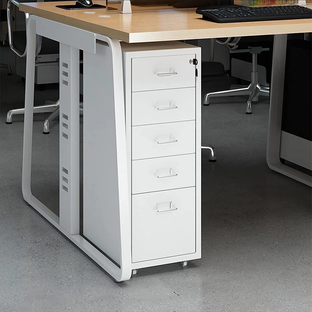 Cassettiera sicura in metallo con 5 cassetti con serratura per archiviazione di casa e ufficio ed elegante soluzione di archiviazione per documenti e forniture, colore grigio