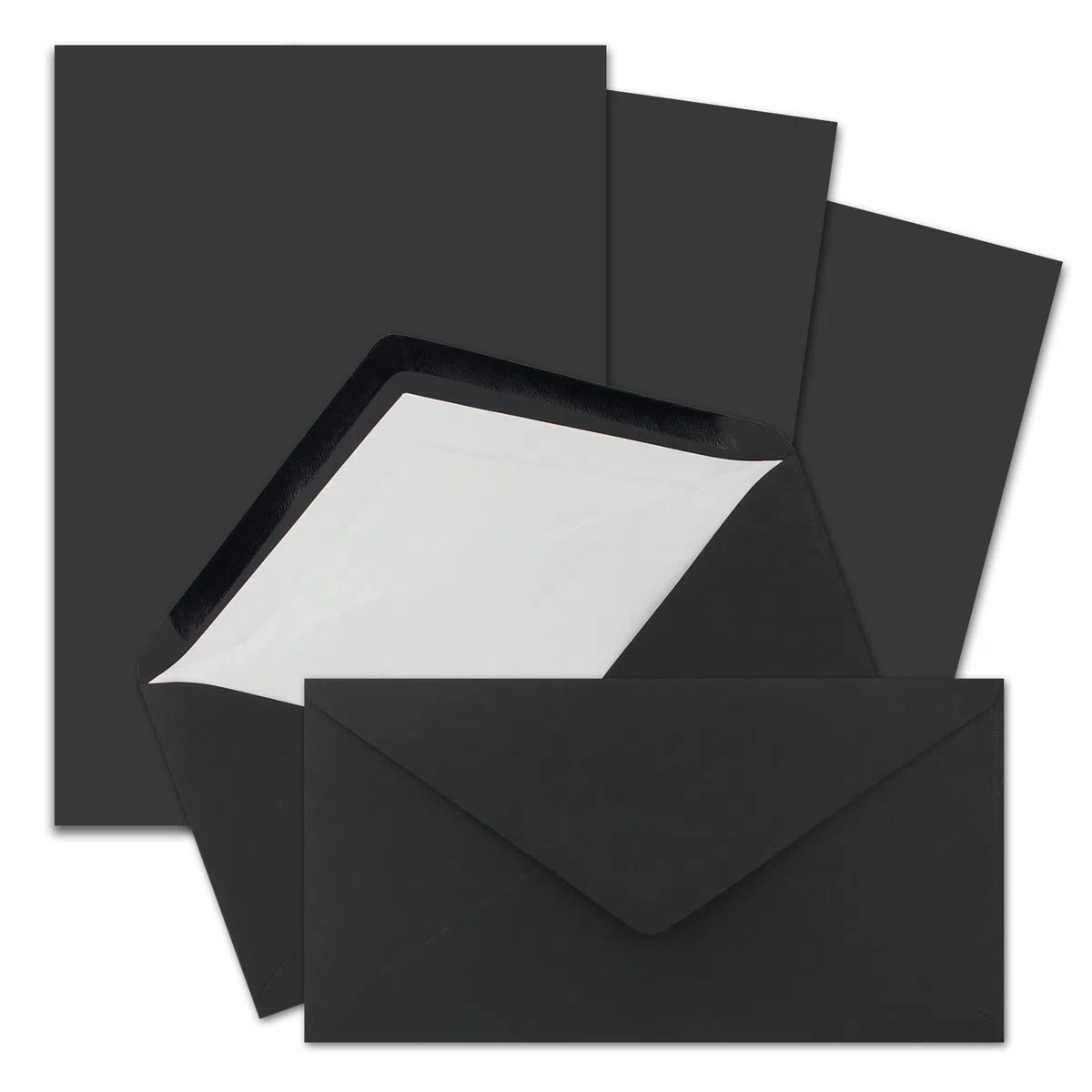 Set di 700 buste di carta da lettere formato DIN A4 e DL, foderate con fodera in seta bianca, incollaggio a umido, colore nero, carta da scrittura opaca