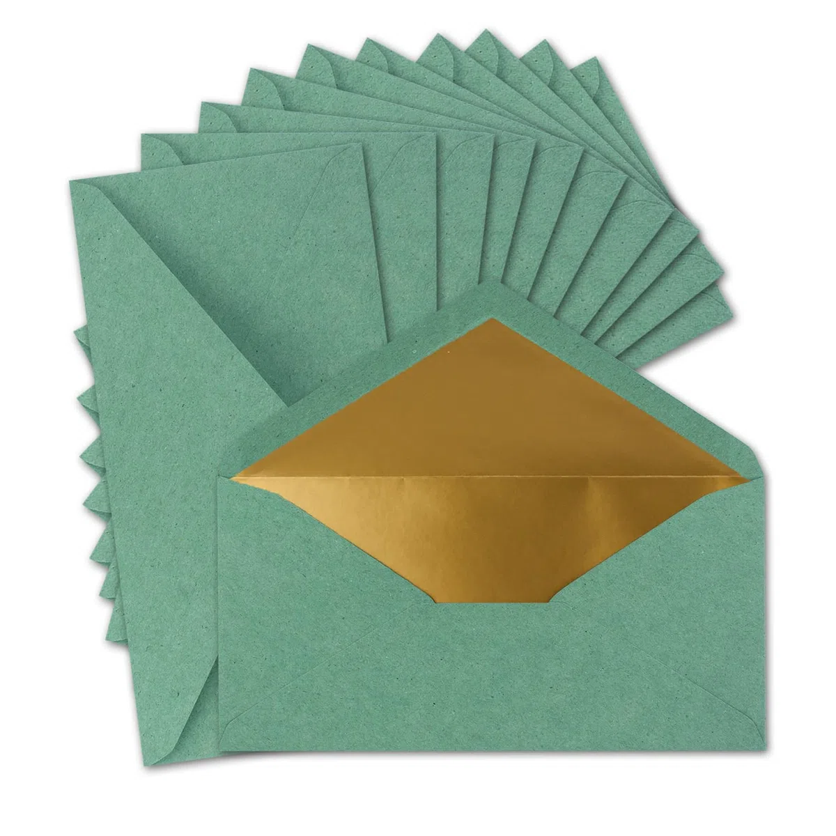 Neuser 500 buste vintage foderate in oro, formato DIN lungo, 110 x 220 mm, carta kraft eucalipto (verde) riciclata, con incollaggio a umido